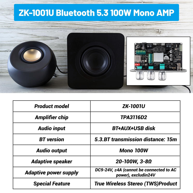 ZK-1001U Mono Amplifier Board with TWS Boost Circuit Treble Bass, 100W Power Output Mini Audio Amp for Home Outdoor DIY Speakers 9-24V Input Supports USB/AUX/Bluetooth