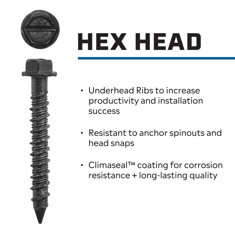Tapcon 1/4 x 2-1/4 Inch Black Hex Head Concrete Anchors,75 PCS, Corrosion Resistant Climaseal™ Coating, Heavy-Duty Concrete and Masonry Screws, Superior Holding Strength, Drill Bit Included 1/4" x 2-1/4" Black-Hex Head 75
