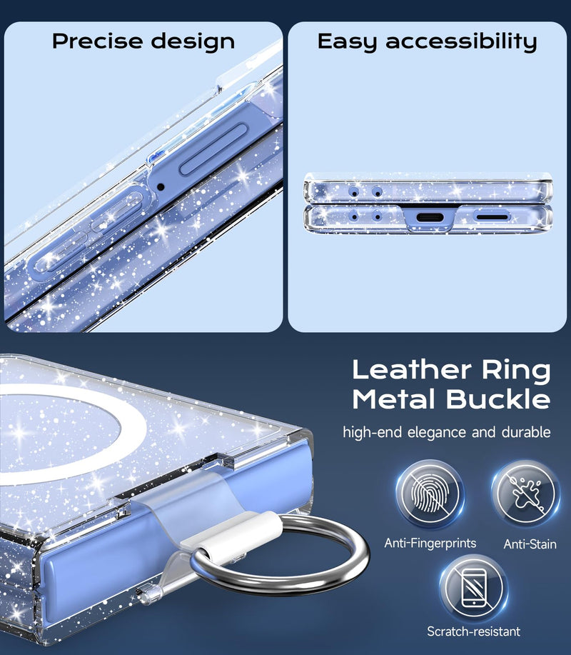for Samsung Galaxy Z Flip 8 Case Magnetic, Z Flip8 with Ring, Glitter Clear | Compatible with MagSafe, Military Drop Protection, Glitter Bling Sparkly, Slim Fit Hard PC Rugged Case for ZFlip 8 for Samsung Galaxy Z Flip 8