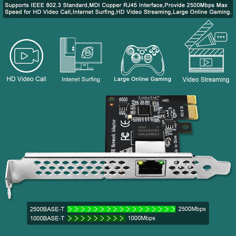 PCI Express X1 Interface to 2.5GbE RJ45 Ports Network Adapter for Windows 11, 10 64bit and Windows Server 2019, 2022, Intel I225V Ethernet Controller, 2.5GbE PCIE NIC Card (PCIE-I225) PCIE-I225