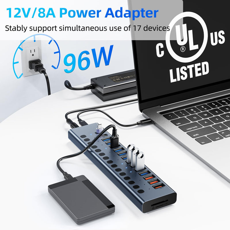 Powered USB Hub 10Gbps, 17 Ports 96W USB 3.2 Hub(10 USB-A 3.2 Ports+3 QC 24W Fast Charging Ports+2 USB-C 3.2 Ports+SD/TF Card Reader), 12V/8A Power Adapter for Laptop, PC, Computer, HDD,Flash Drive Gray