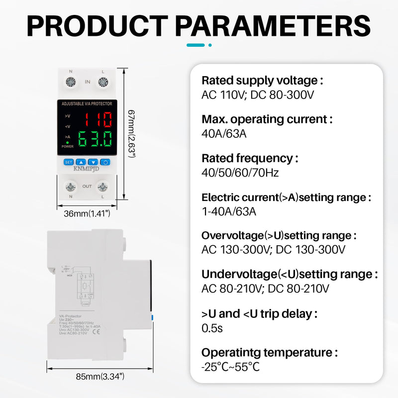 Adjustable Voltage Protector AC/DC 110V 63Amp Smart Breaker Adjustable Over Under Voltage Protection Double LED Display Voltage Current Intelligent Relays Reset Prote