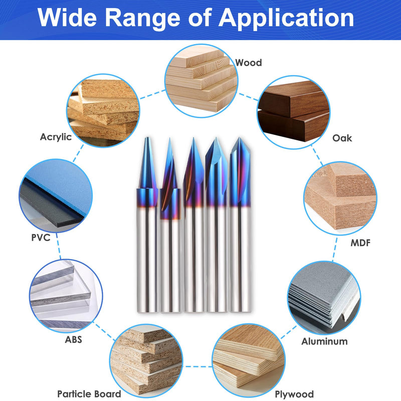 HQMaster 5PCS CNC Wood Carving Router Bits Set, 1/4'' Shank, 15° Detail Carving Liner+ 20° Profile bit+30°+60°+ 90° V Groove Router Bit Set