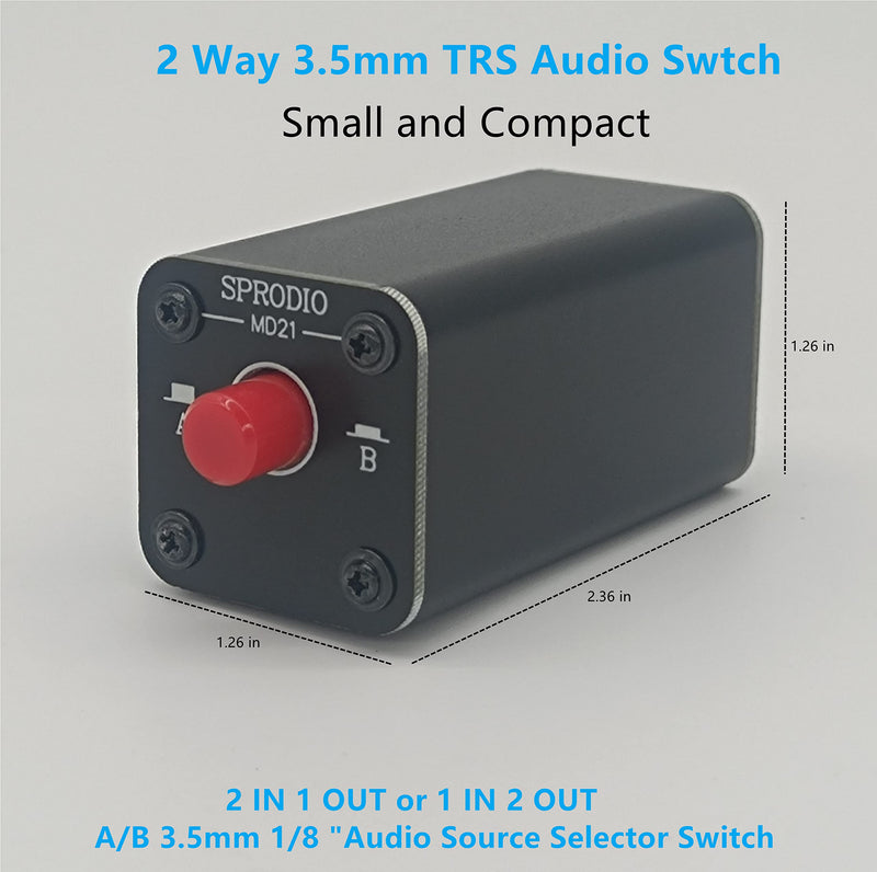 SPRODIO 2 Port Stereo 3.5mm Audio switcher selector Box Passive 1/8 TRS A/B Switch with Ground Switching MD21