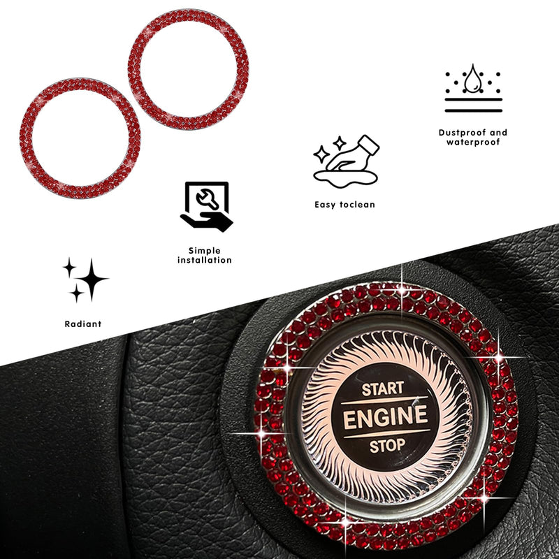 2PCS Push Start Button Ring,Bling Rhinestone Car Engine Start Stop Decoration Ring, Cute Car Accessories,Bling Car Accessories for Women Interior (Red) red-2