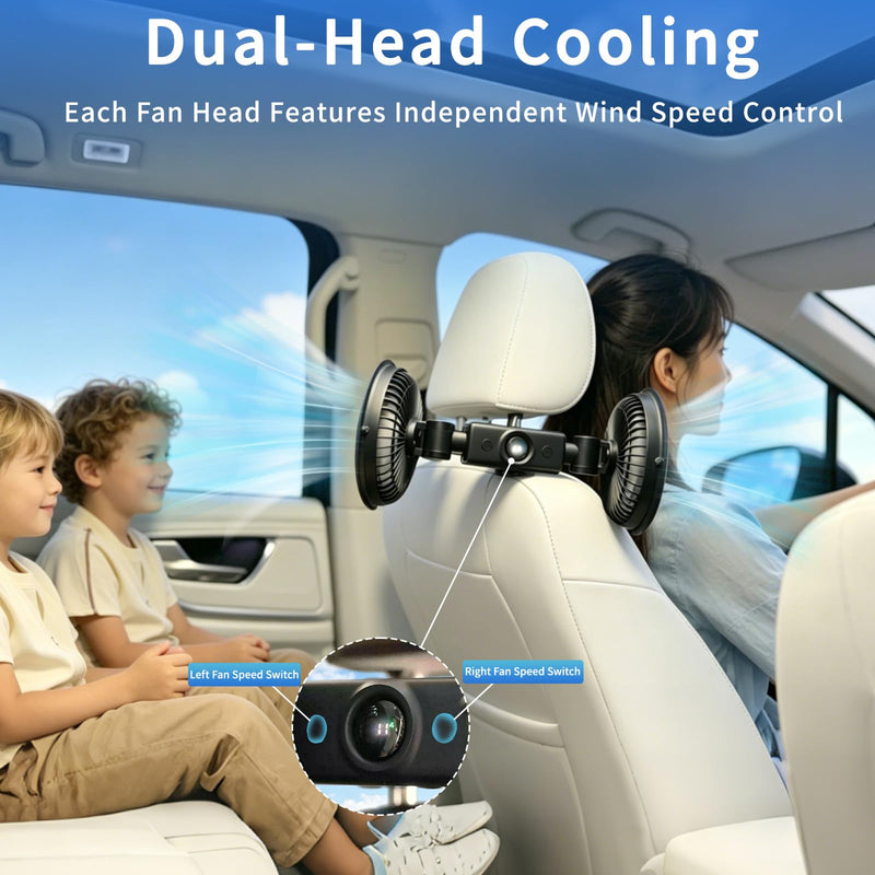 Rechargeable Car Fan for Backseat Kids Baby, Battery and USB Dual Power Car Fans with LED Display,Powerful 3 Speeds 360° Rotatable Dual Head Cooling Car Seat Fan for Sedan SUV RV Truck Vehicle Large