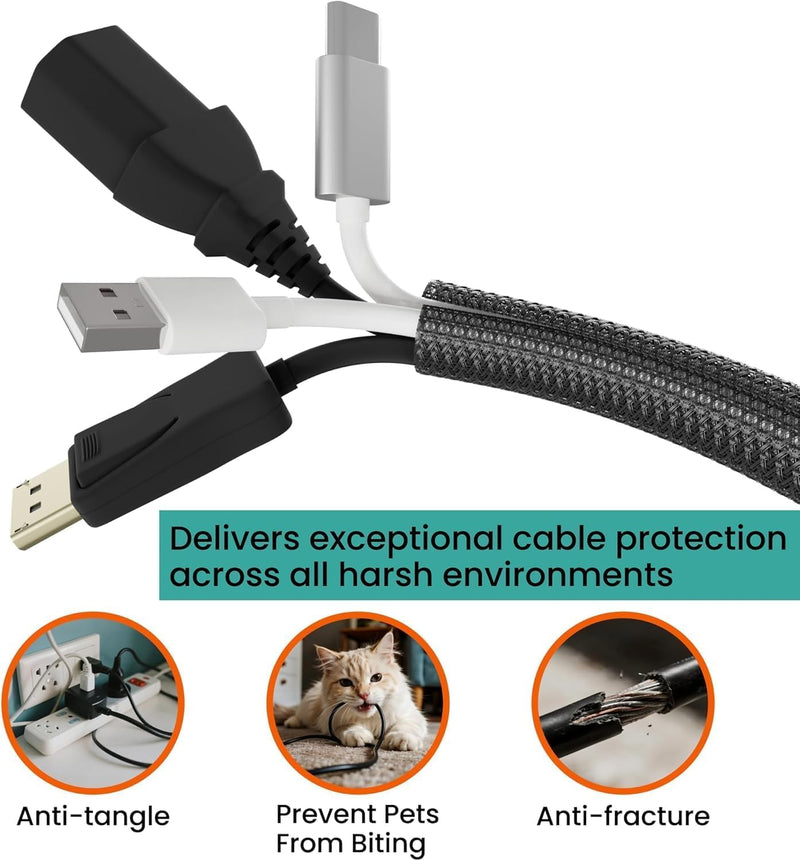 Cable Management Sleeve 10ft, 1/2 Inch PET Expandable Braided Cord Protector for Home Office TV Computer Desk, Wire Loom Organizer for USB Audio Video Ethernet Cables, Black