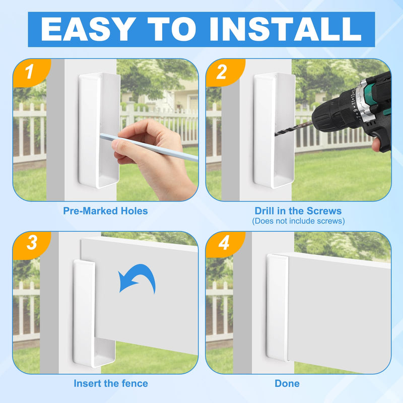 Nuanchu 10 Pcs Vinyl Fence Brackets White 1.5'' x 5.5'' Vinyl Fence Rail Mount Brackets Bulk U Mount Bracket Kit for Railings Fences Walls 1.5" x 5.5"