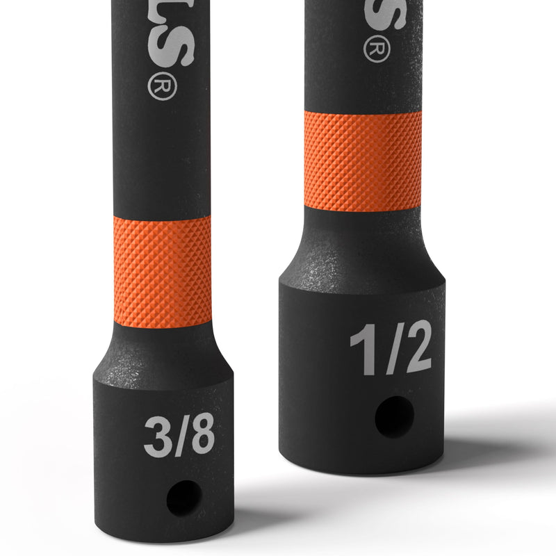 Klein Tools 65038A Impact Socket Extension Set 4-Piece, 6-Inch Extension Bars, Knurled Grip, High-Visibility, Two 3/8-Inch and Two 1/2-Inch Square Drives