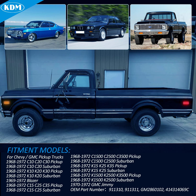 KDM LED Bumper Side Marker Reflectors Lights,Fit for 1968-1972 Chevy GMC C10 C20 C30 K10 K20 K30 C1500 C2500 C3500 K1500 K2500 K3500 Blazer,Front & Rear Side Marker Lights,Amber & Red Lens 4Pack Amber & Red Len