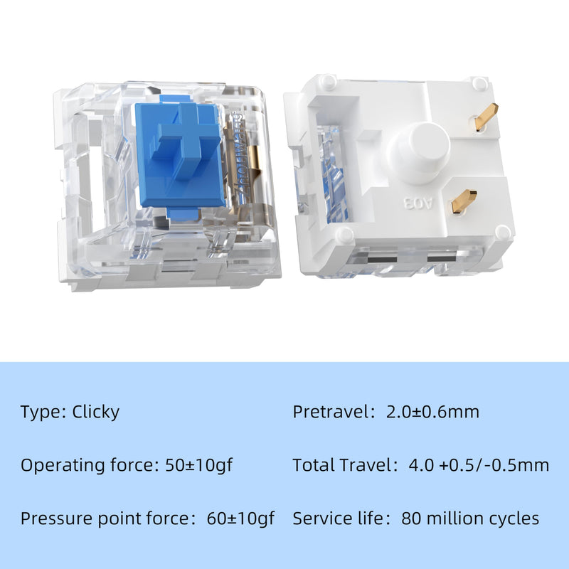 ZhouWang Blue Switch 3 Pin 60gf Pre-Lubricated,Dustproof Clicky Switch,Suitable for RGB,Mechanical Gaming Keyboards、MX Mechanical Keyboard(Blue,72PCS) 72Pcs