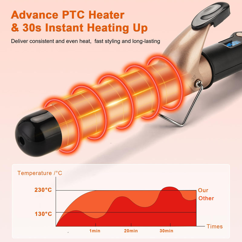 Curling Tongs 32mm for Medium and Long Hair Professional Tourmaline Ceramic Barrel Curler Iron with Clamp Dual Voltage Adjustable Temperature Long-Lasting Results Black