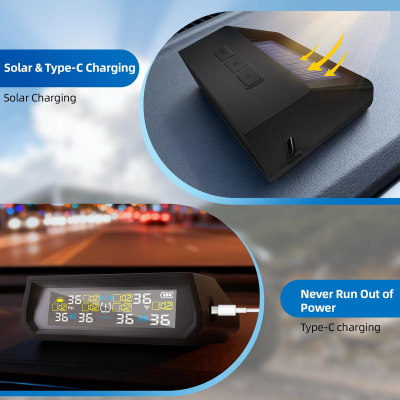 Tire Pressure Monitoring System TPMS, Solar Charge Tire Pressure Monitor with 4 External Sensors & 6 Alarm Modes, 0-99 PSI, Real-time Wireless TPMS for Car Sedan SUV Pickup - with 4 Tire Valve Caps 4 Sensors