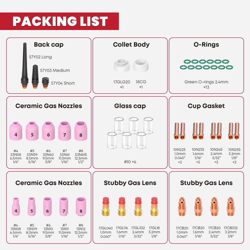 Bestarc 50Pcs TIG Welding Torch Accessories, Alumina Nozzle Stubby Gas Lens #10 Glass Cup TIG Torch Kit for TIG WP-17/18/26