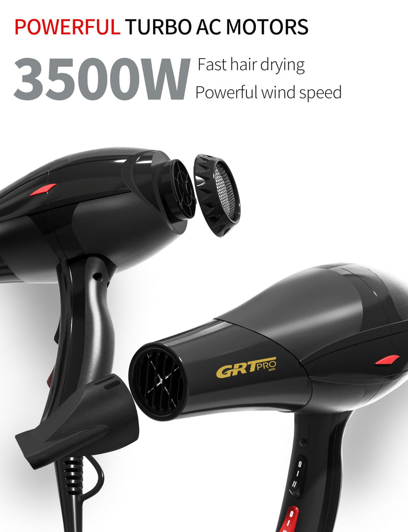 Professional Hair Dryer 3500W Ionic Hairdryer AC Motor Blue Light Anion with 1 Diffuser & 2 Nozzles Accessories, Overheating Protection 2 Speeds 3 Heat Settings for Women Men Home Salon