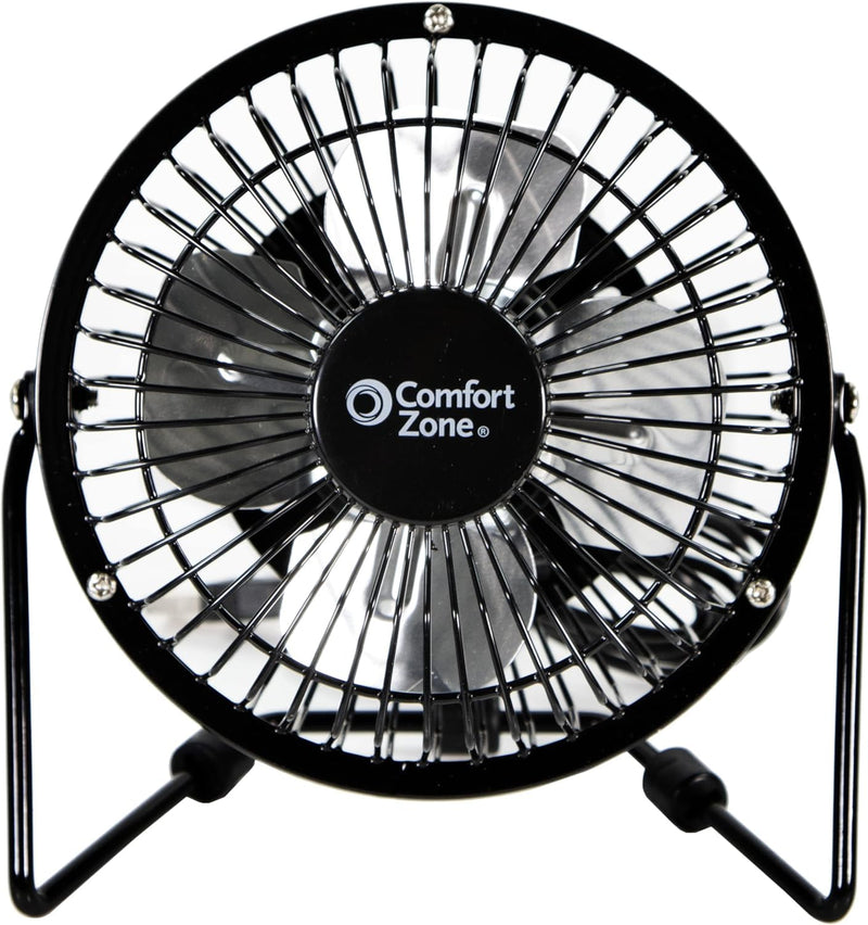 Comfort Zone Mini Portable Desk Fan with 360-Degree Adjustable Tilt, Dual Powered (USB or Power Cord), 4 inch, All-Metal Construction, Airflow 3.31 ft/sec, Ideal for Home, Bedroom & Office, CZHV4BK Black