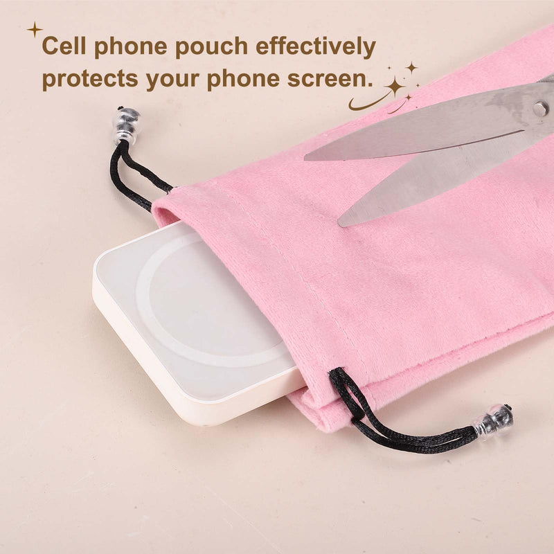 2 Pcs Cell Phone Sleeves (180x100mm) - Soft Phone Storage Pouch Organizer Velvet Drawstring Pouch Bag for Smartphone/Sunglasses/Ski Goggle/Jewelry, Pink 180x100mm 2