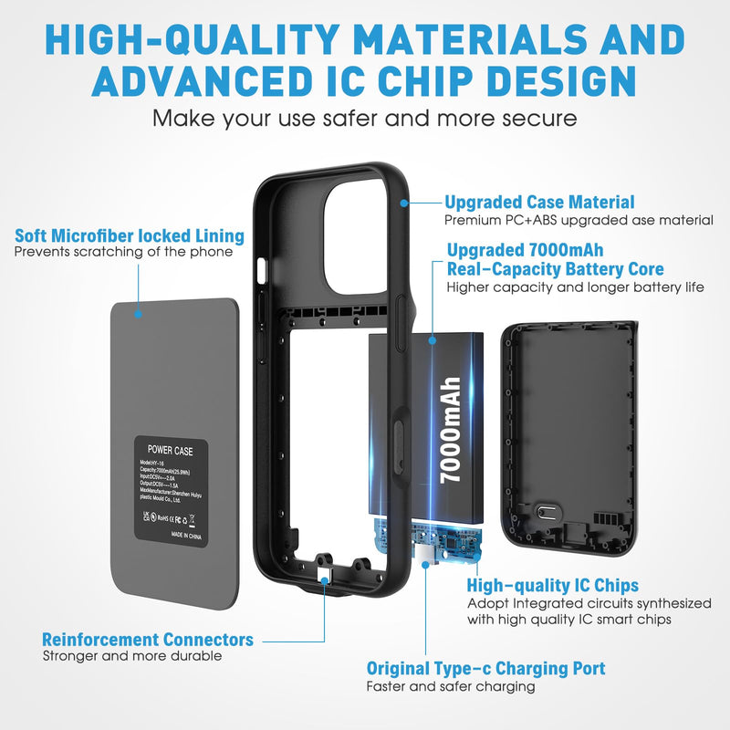 Battery Case for iPhone 16 Pro Max, Ultra-Slim Travel Portable Charging Case, 2026 Upgrade 7000 mAh Extended Battery Life, Premium Materials Rechargeable Charger Case Black