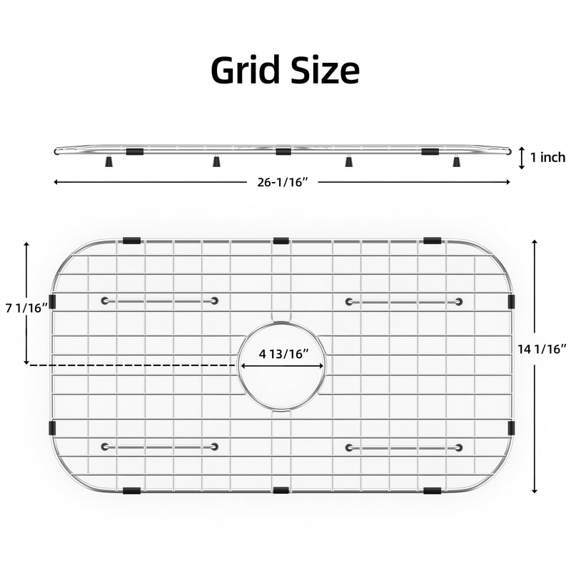 Sink Protector Grid 26-1/16" x 14-1/16", Centered Drain with Corner Radius 3-1/2" for Kitchen Sink Centered Drain with Corner Radius, 304 Stainless Steel Material 26-1/16" x 14-1/16" Centered Drain