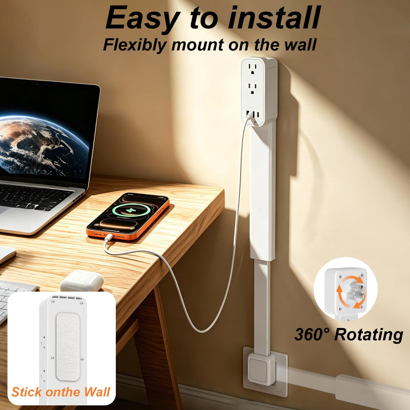 Outlet Extender Stick - Features USB-A, USB-C and 2 AC Outlets, Extends 17.5"-29.1", Rotates 360° Access Hard-to-Reach Outlets, Wall Plug Power Socket Expander Nightstands, Sofa, Desks and More Grey White