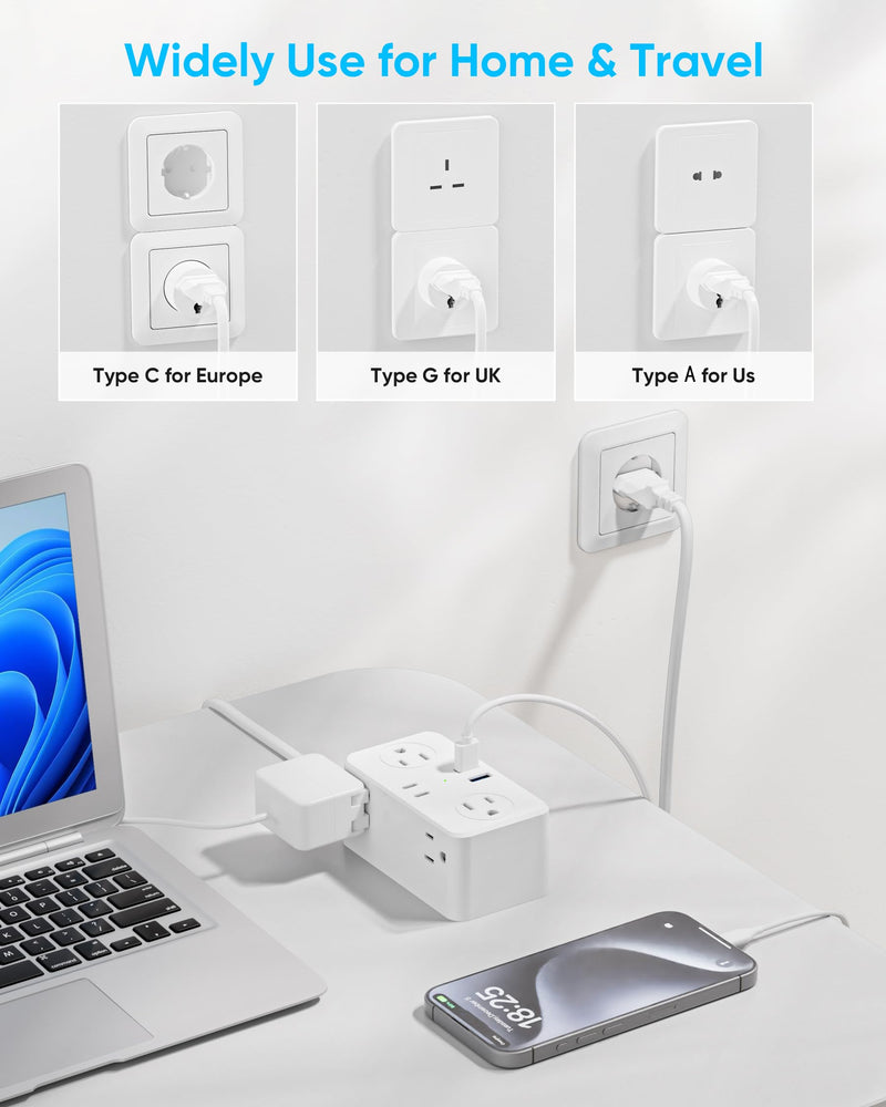 European Travel Plug Adapter, EU/UK/US Travel Adapter Power Strip, 6 AC Outlets, 20W USB C Power Delivery, 3ft Wrapped Around Extension Cord, Compact for Travel PD 20W for EU