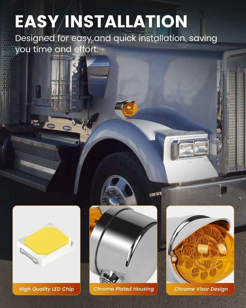 Amber Single Face 17 LED Watermelon Turn Signal Pedestal Lights w/Visor, Semi Truck Chrome Auxiliary Waterproof Reflector LED Lights for Freightliner Peterbilt Kenworth Mack Western Star Amber Light