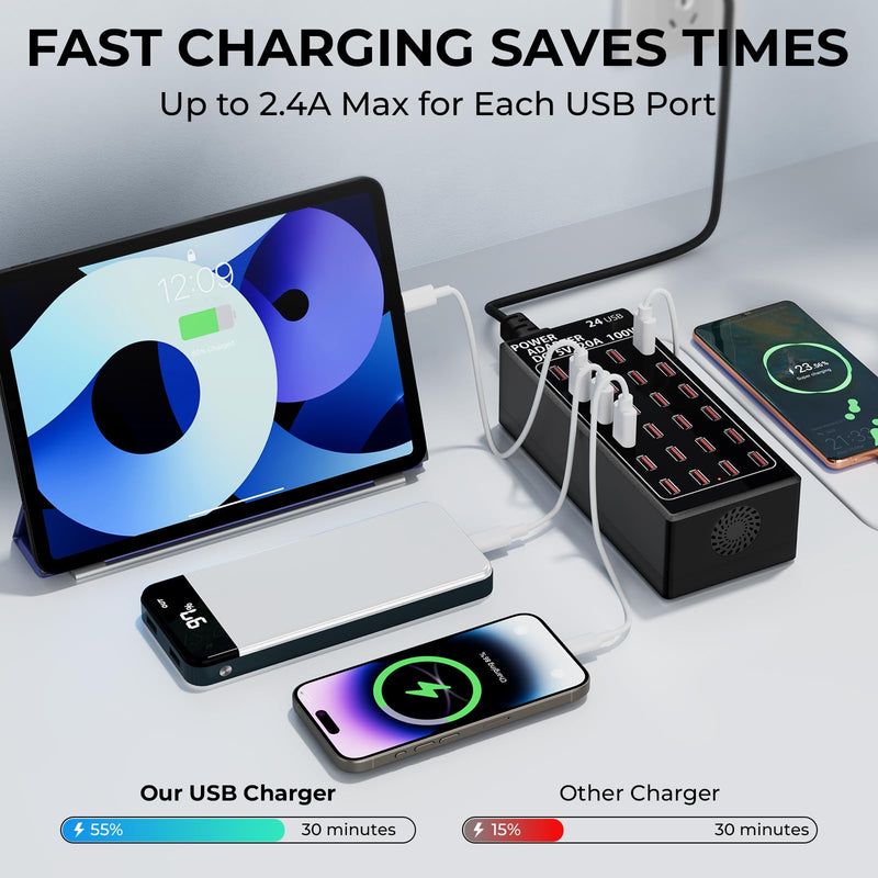 USB Charging Station, 100W/20A 24 Port Desktop Multiple Device Charger Station, Multi Ports Fast Phone Charging Station Organizer, Suitable for School Mall Shop Hotel