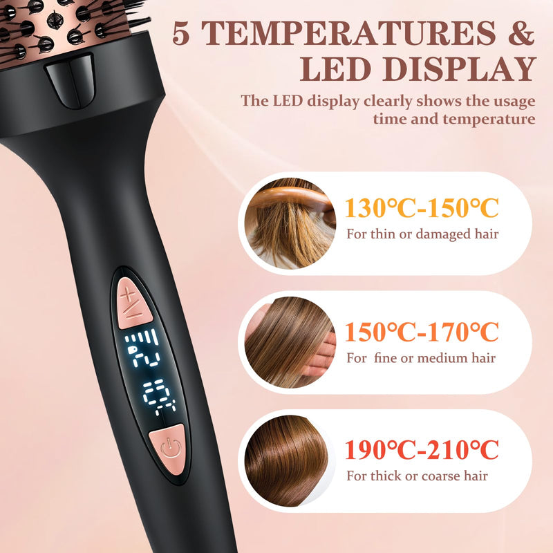 Thermal Brush 38 mm, Ionic Thermal Brush Round Brush for Volume, Curls, Ceramic Heating Brush with 5 Temperature Levels, Curling Brush for Voluminous & Curly Hair, 30s Quick Heating (Black)