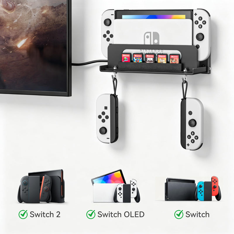 Wall Mount Compatible with Nintendo Switch 1/OLED/2 | Switch Dock Wall Mount with Controller & Game Card Storage, Space-Saving Gaming Organizer