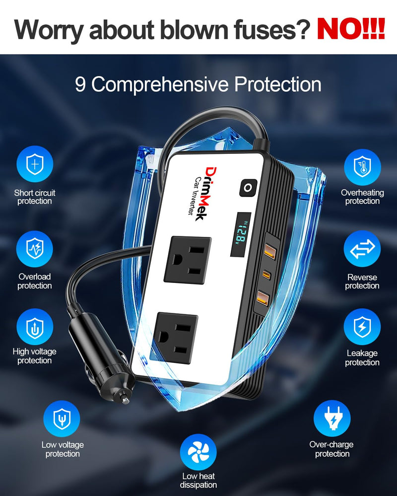 200W Car Power Inverter, Car Plug Adapter Outlet 12V to 110V Converter with 24W USB Fast Charging Port, Dual AC Outlet for Laptop, Vehicles, Camping (LED Display) White