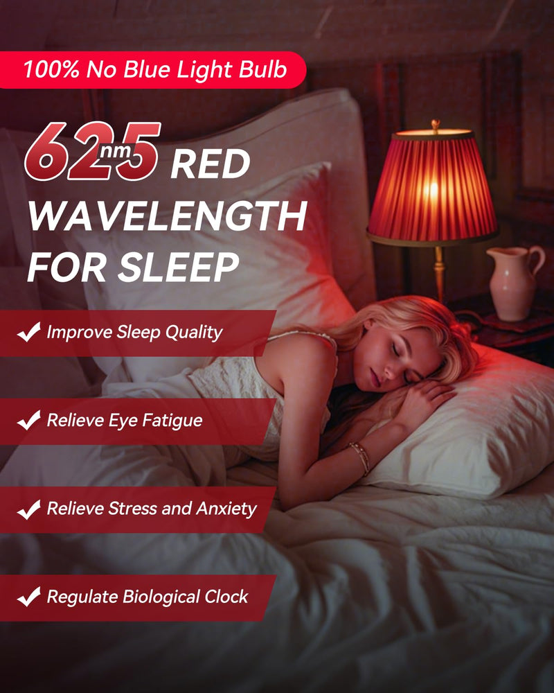 Neporal 625nm Red Light Bulbs for Sleep 9W, 100% Blue Light Blocking Red Night Light, Sleep Light Bulb for Melatonin Promoting, A19 60W Equivalent Dim Light Bulbs for Bedroom, Baby Nursery,4 Packs 9w Red 4