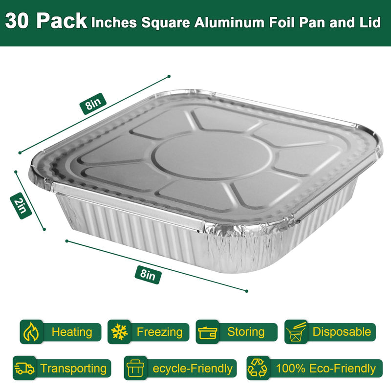 8x8 Aluminum Pans with Lids - 30 Pack Disposable Baking Square Aluminum Foil Pans with Covers - Tin Foil Pans for Air Fryer, Oven, Cooking 30PCS + Lids