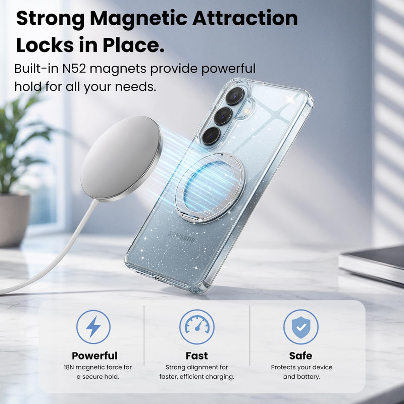 360°Ring Stand for Samsung Galaxy S26 Plus Case 6.7", Clear Glitter Stand | Includes Screen and Camera Lens Protectors*1,Fit for MagSafe, Anti-Yellowing & Scratch-Resistant Back A2-Clear Glitter Stand for S26 Plus
