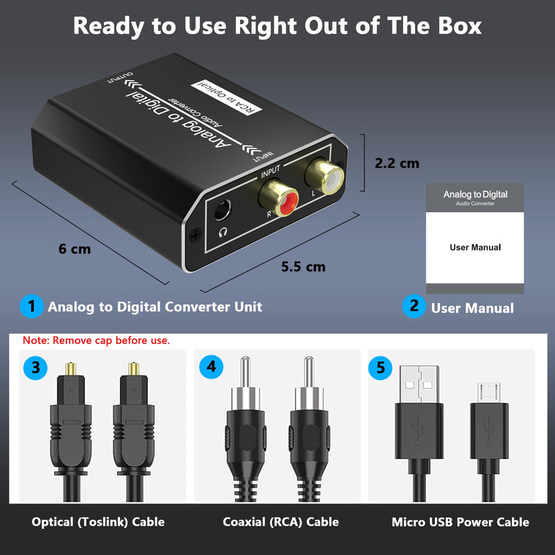 Analog to Digital Audio Converter, RCA L/R & 3.5mm Jack AUX to Coaxial/Optical Toslink SPDIF Audio Adapter, 48kHz/24bit PCM LPCM Stereo ADC, for TV/CD/Game Console/Soundbar/Headphone