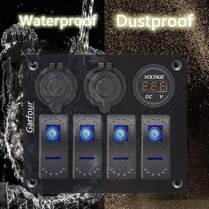 4 Gang Waterproof Marine Rocker Switch Panel, 12A 24V Boat Switch Panel with 2.1A USB Fast Charger, Digital Voltmeter, Cigarette Lighter Socket, Switch Panel for Pontoon Boat RV Truck ATV UTV 4 Gang Blue