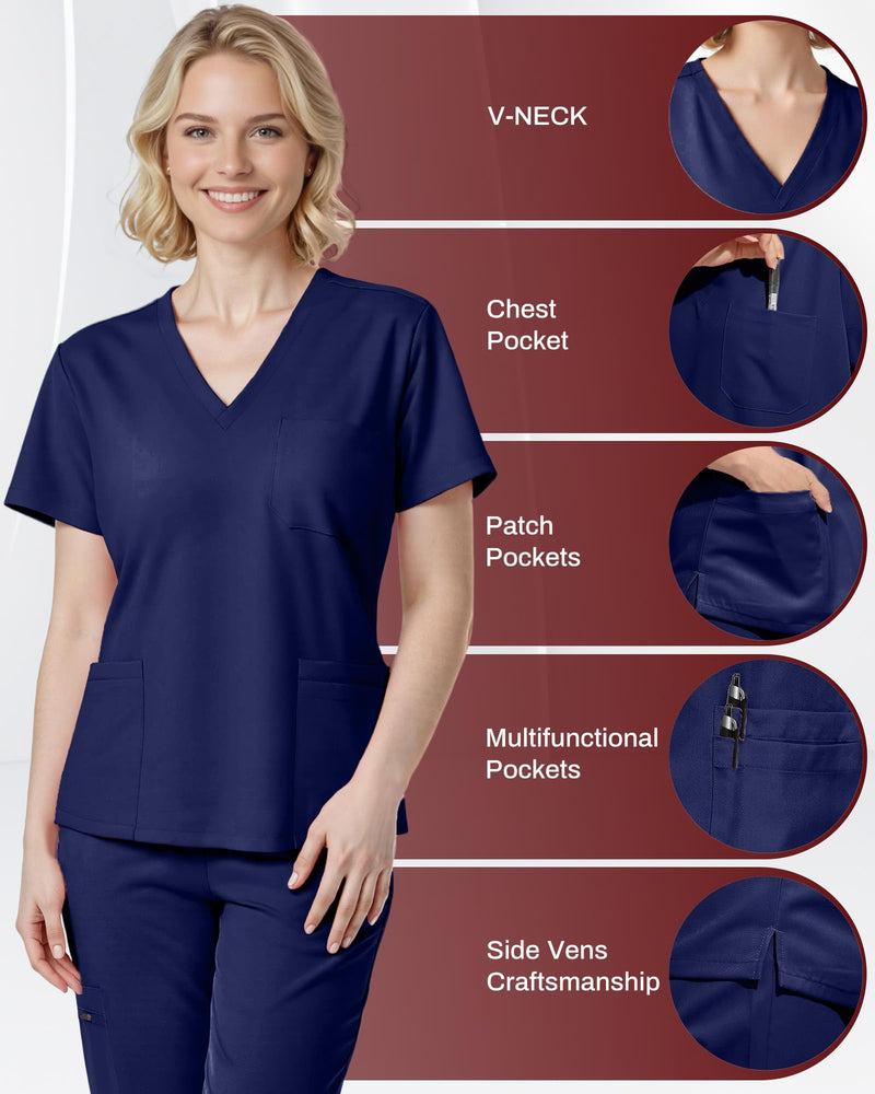 Scrubs for Women Set, Stretchy V-Neck Top & Jogger Pants with Multi-Pocket Yoga Waistband Large Navy Blue
