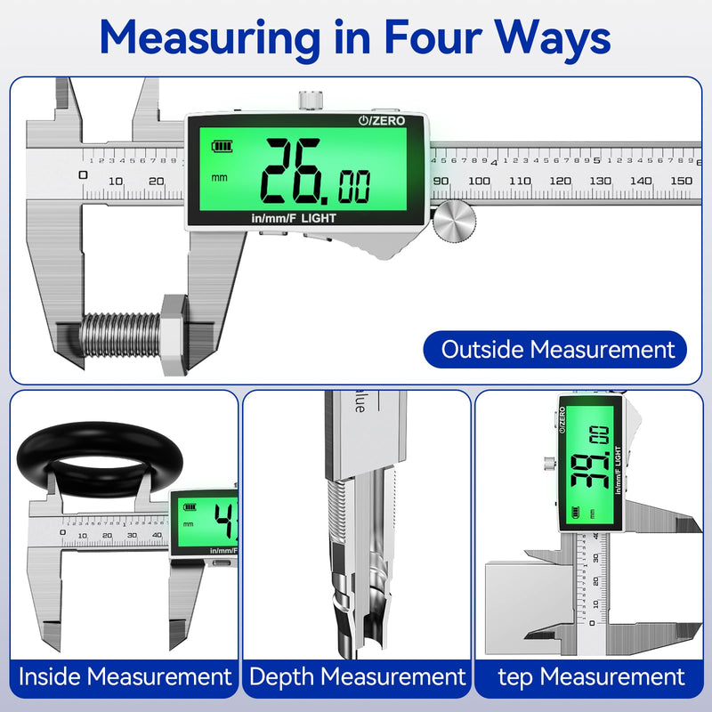 Rechargeable Digital Caliper 6 Inch, High-Precision Stainless Steel Vernier Caliper with Backlight, Support MM/in/F, Type-C Charging, LCD Screen Measuring Tool White