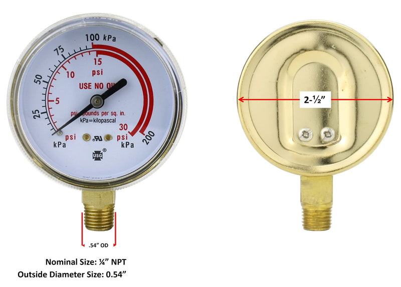 SÜA - High and Low Pressure Gauge for Heavy-Duty Acetylene/Propane Regulators 0-400 psi & 0-30 psi - 2.5 inches - Thread: 1/4" NPT High & Low