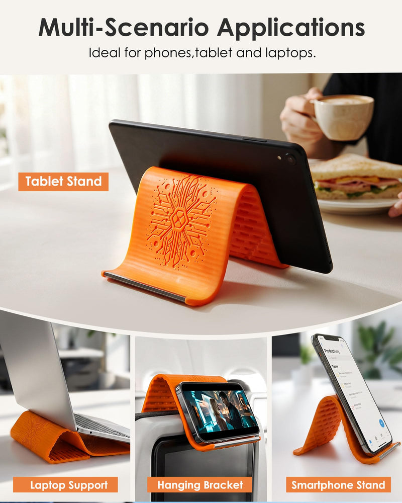 Airplane Phone Holder, Flexible Silicone Aluminum Phone Holder | Folding Cellphone Stand for Desk, Bed, Office, Treadmill - Airplane Gadgets for Long Travel Accessories - Plane Essential Orange