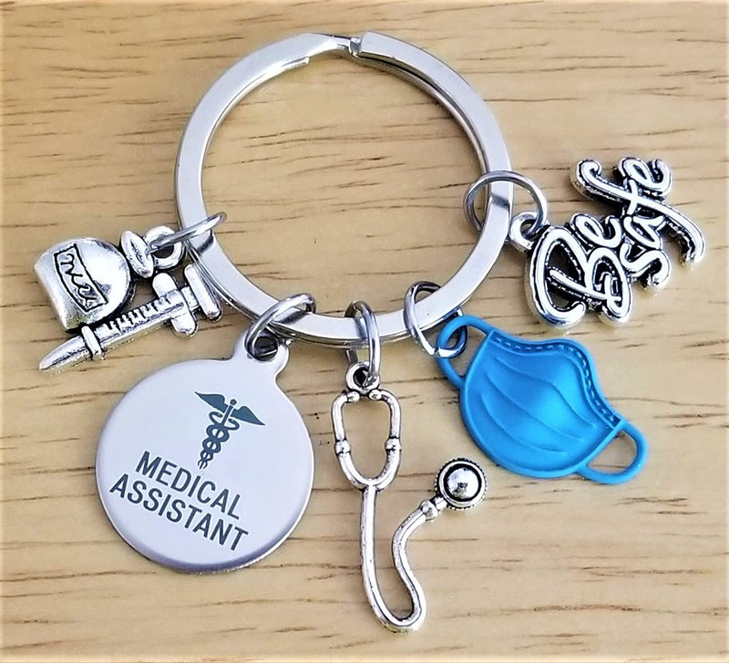 Kit's Kiss Medical Assistant Keychain MA Keychain Stethoscope Syringe Caduceus Medical Symbol Nursing School Graduation Medical Student Gift, Silver, Blue, Diameter of Key Ring : 1.2 inches (3 cm)