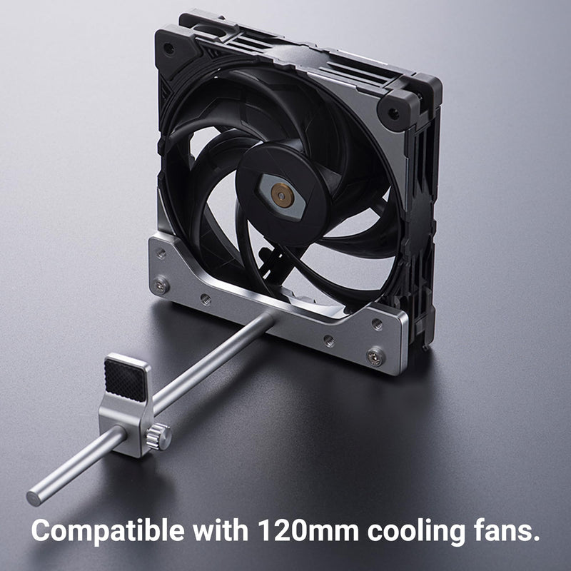 Stackable Aluminum GPU Anti-Sag Bracket for 120mm Fans | Silver bracket, -15/0/15 adjustment & stackable design. Forward/reverse install, fits with or without 120mm fan
