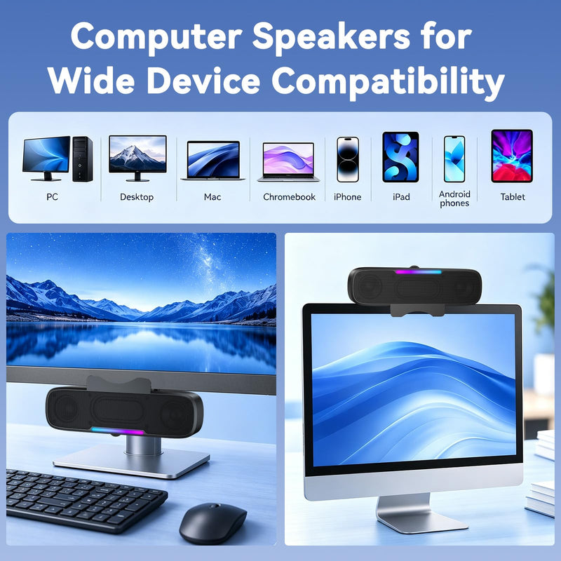 OHAYO Computer Speakers for Desktop PC Monitor, USB Plug-in Laptop Speaker Bar with G-Sensor, BT 6.0, Loud Sound with Deep Bass, RGB Light, Easy Clip-on Design, Volume Knob, USB-C Adapter (Black) Black