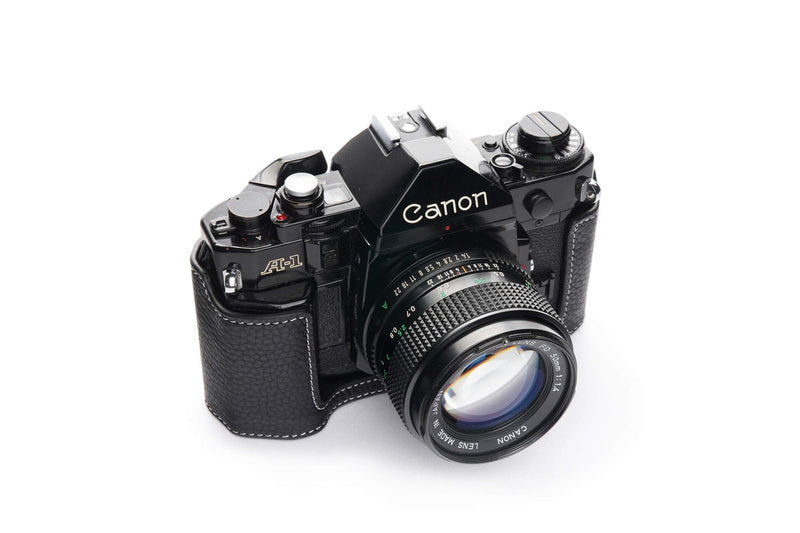 A-1 Case, BolinUS Handmade Genuine Real Leather Half Camera Case Bag Cover for Canon New AE-1 AE-1P A-1 (with Handle) Camera with Hand Strap (Black) Black