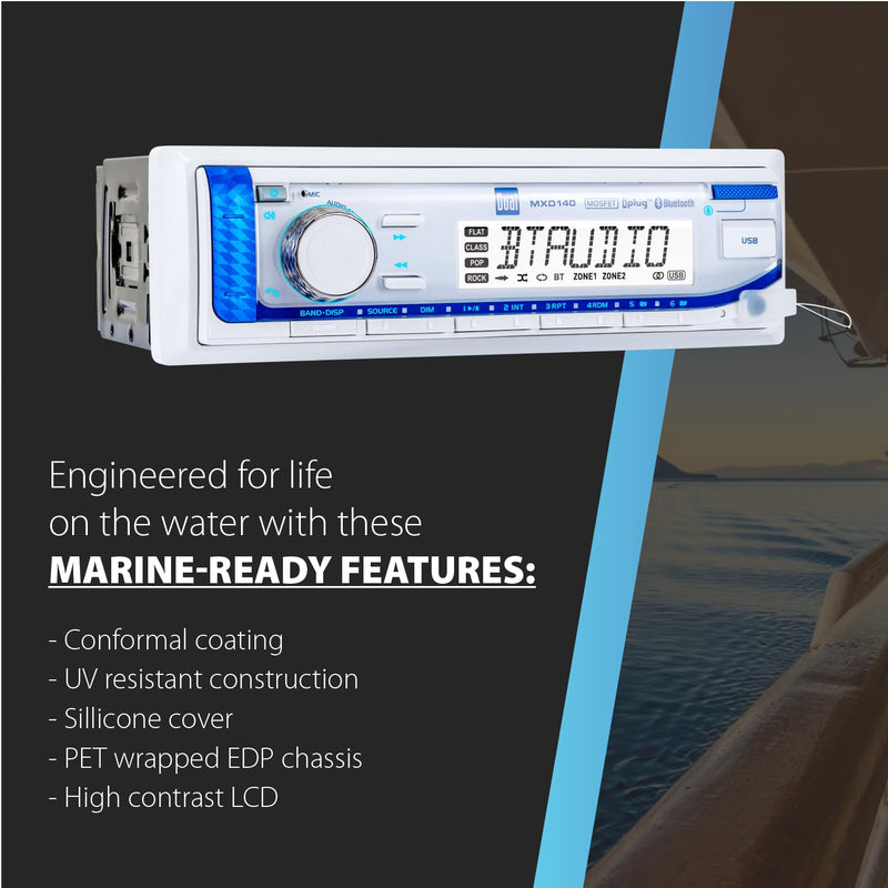 Dual Electronics MXD140 Marine Stereo with Built-in Bluetooth | Single DIN 8-Character Sunlight-Readable LCD Display | Weatherproof | AM/FM Stereo Receiver | USB Port with 2.1 A Charging | White Marine Radio