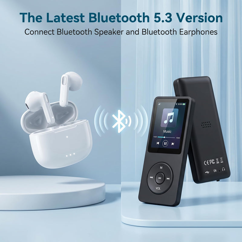 128GB MP3 Player with Bluetooth 5.3 Earphones Included | Portable, HiFi Sound, Built-in Speaker/FM Radio/Voice Recorder/E-Book, Lossless Sound, Multifunctional, Music Player, Slim Black