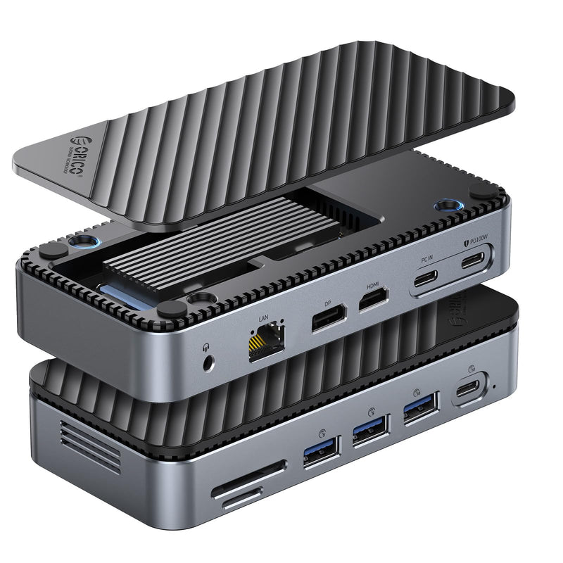 ORICO 12-in-1 USB C Hub with M.2 SSD Enclosure 10Gbps, Tool-Free USB C Docking Station with Built-in Fan, HDMI, DP, Gigabit Ethernet, 100W PD, SD/TF, Audio/Mic, USB A & Type C for Laptop Mac-M2P11