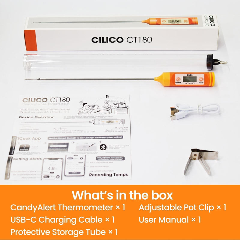 AI Bluetooth Candy & Meat Thermometer with 20+ Presets, Smart Alerts via App (Type-C Rechargeable) Digital Instant Reading for Candy Making, BBQ, Deep Frying, & Liquids, 8" Long Probe,CT180-BT Bluetooth VER