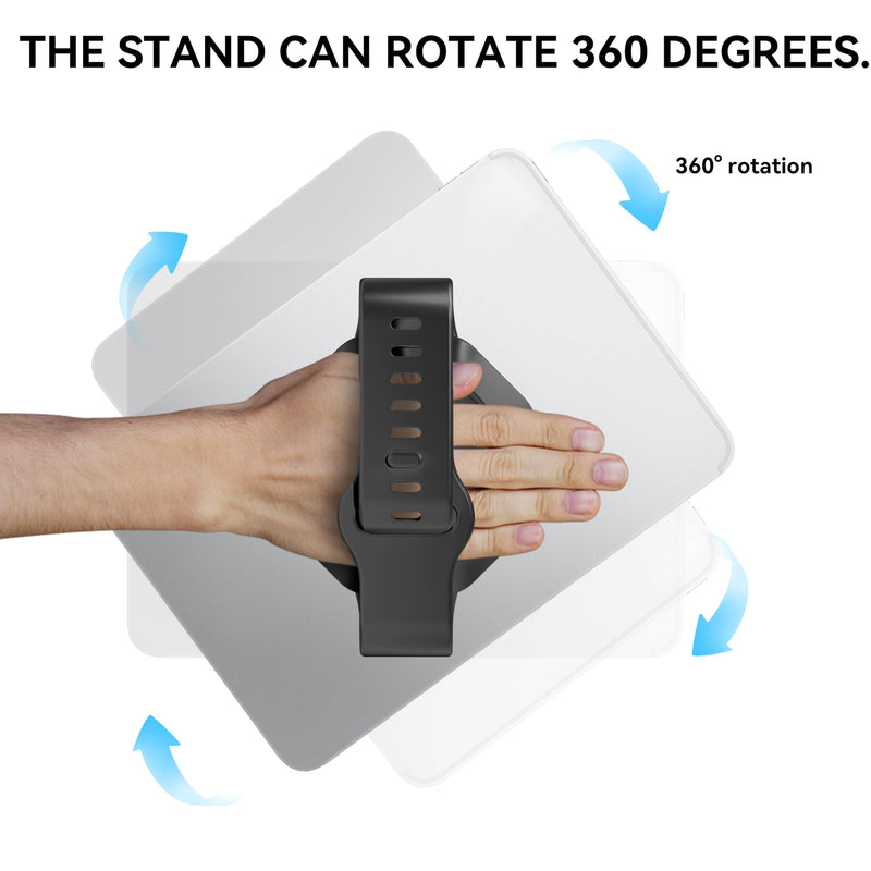 Universal Tablet Hand Strap Stand, 360° Rotatable 2-in-1 Handheld & Desktop Holder, Soft Silicone Wristband, 10KG Heavy Duty Anti Drop Mount for All Tablets,Black