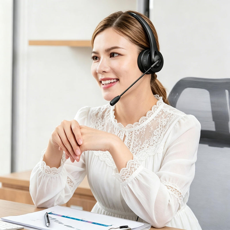 Wireless Headphones with Mic On Ear Headset 5.2 Call Center Earphone with Noise Cancelling Microphone Adjustable Headband Control with Charging Dock