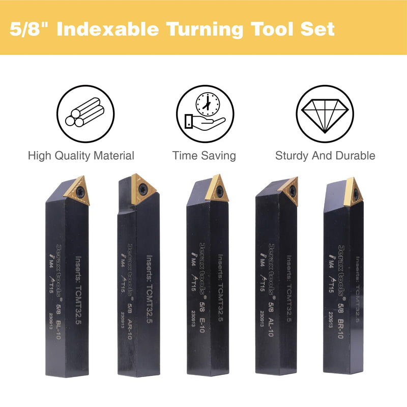 1/2" Indexable Turning Tool Set with TCMT Carbide Inserts, 5 Pcs Set Metal Lathe Tools Inserts Bits with Carbide Inserts. 1/2 in